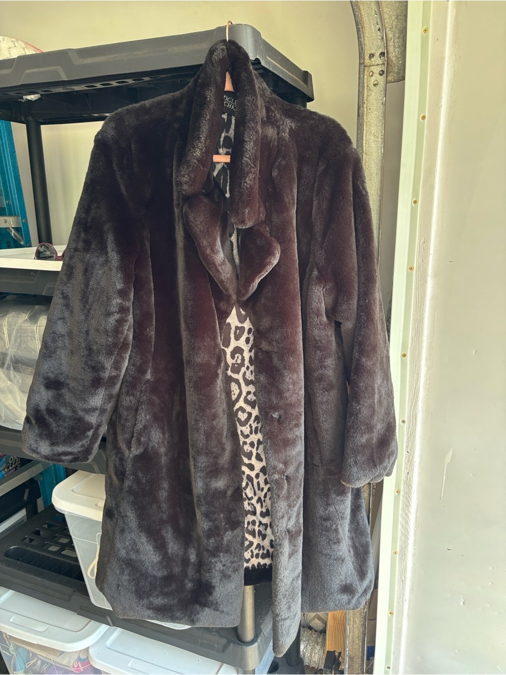Badgley Mischka Chocolate Brown Faux Fur Coat with Leopard Lining